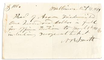 (MEDICINE.) SMITH, NATHAN RYNO. Two Autograph Documents Signed, NRSmith, each a receipt for $100 tuition from Aaron Friedenwold.